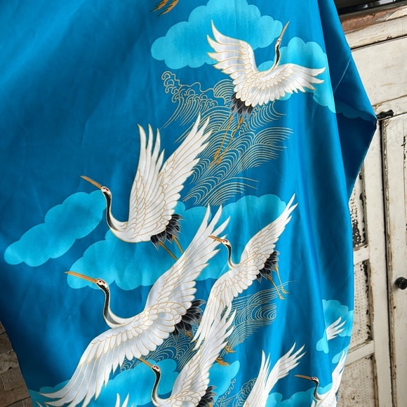 Vintage Marukyo Tokyo turquoise blue w cranes kimono robe - Picture 10 of 16